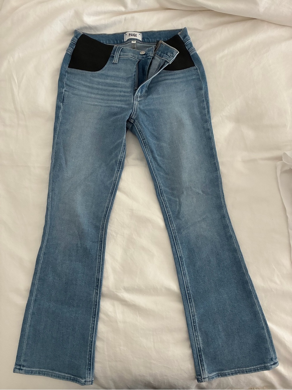 PAIGE maternity Light Blue Flare Jeans with Black Stretch Panels